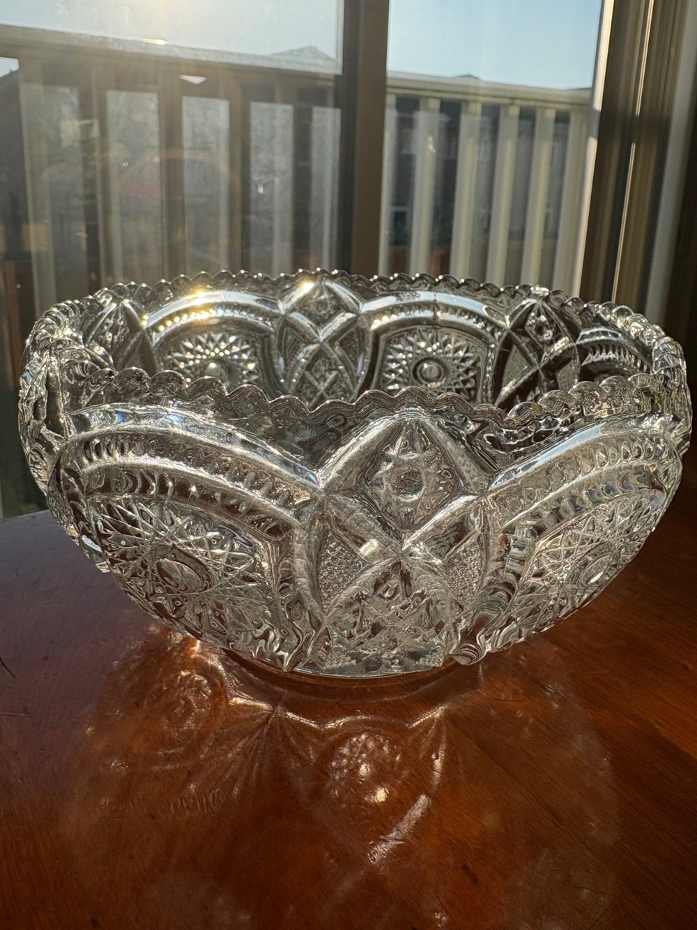 Vintage Imperial Glass Bowl Fish Pattern Clear Pressed Glass Sawtooth Rim 70s